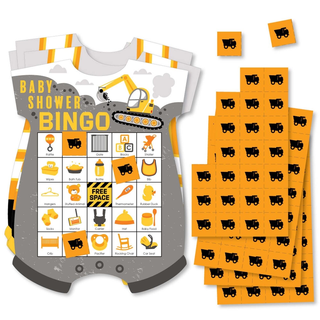 Big Dot of Happiness Dig It - Construction Party Zone - Picture Bingo Cards and Markers - Baby Shower Shaped Bingo Game - Set of 18
